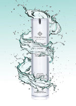 The front side of the CharaOmni stem cell regenerative cream 50 ml flask with water going around it