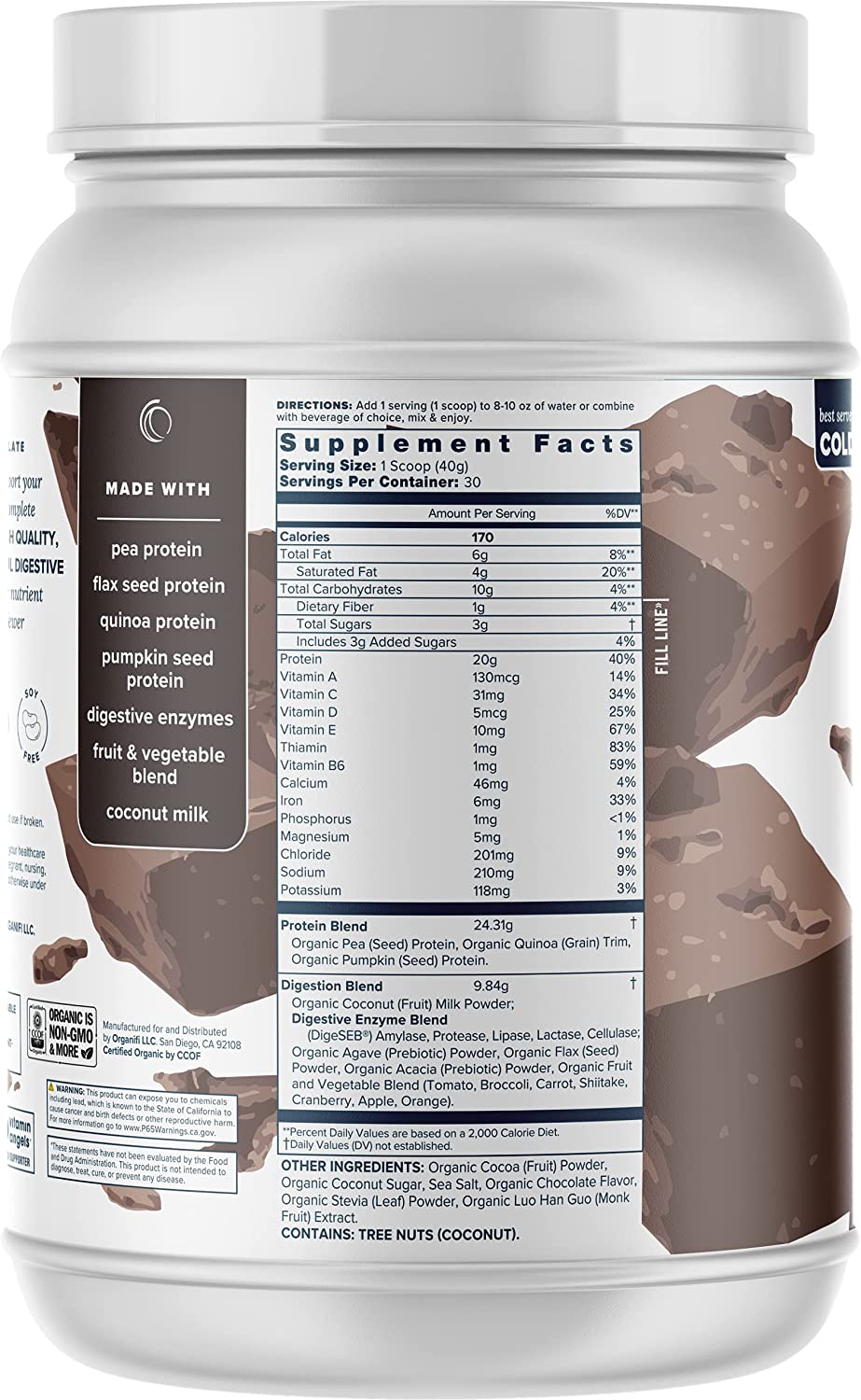 The supplement facts of the Organifi Complete Protein Chocolate canister