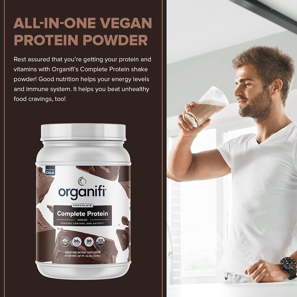 a man drinking organifi complete protein chocolate on the right half side and an etiquette of the product on the left half side