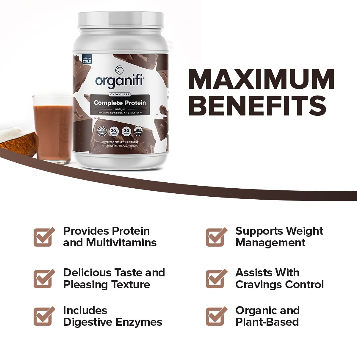 a list of benefits of Organifi Complete Protein Choclolate