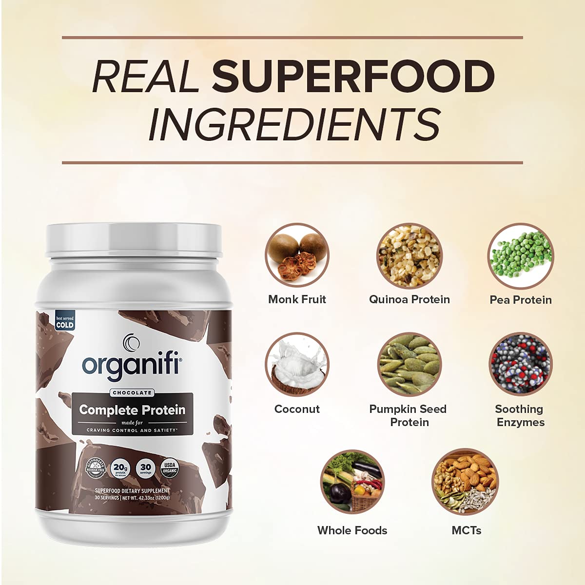 a list of ingredients that goes into Organifi Complete Protein Chocolate