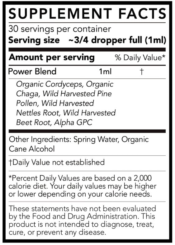 The supplement facts for Mushroom Power