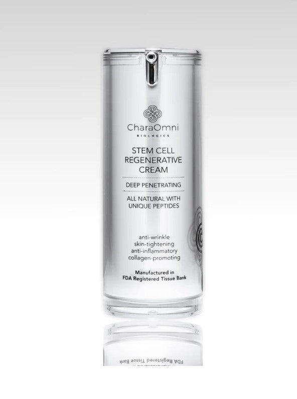 The front side of the CharaOmni stem cell regenerative cream flask