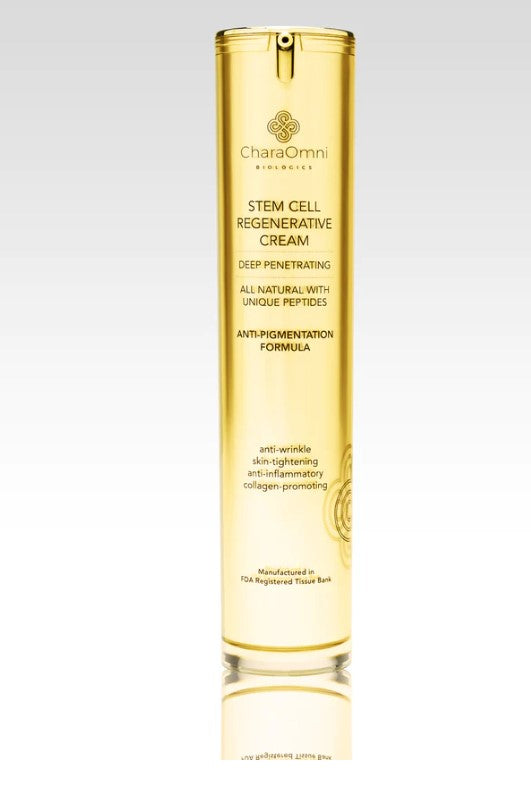 The front side of the gold CharaOmni stem cell regenerative cream anti-pigmentation formula 50ml flask