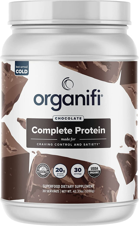 The front side of the Organifi Complete Protein Chocolate canister
