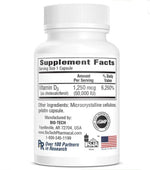 The back side of a vitamin D3-50 dietary supplement bottle with supplement facts