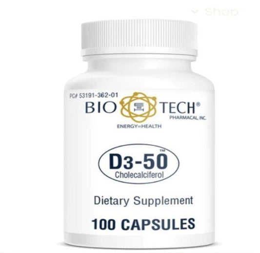 The front side of vitamin D3-50 dietary supplement bottle