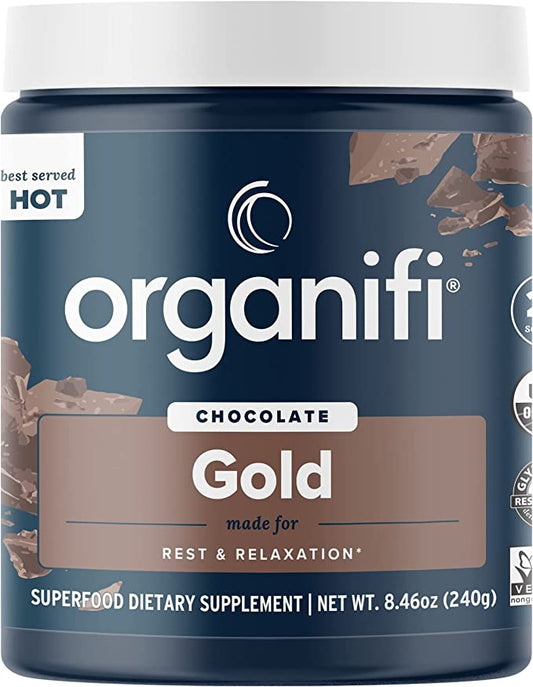 The front side of the Organifi Gold Chocolate Canister