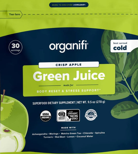the front side of the Organifi Green Juice Crisp Apple pouch