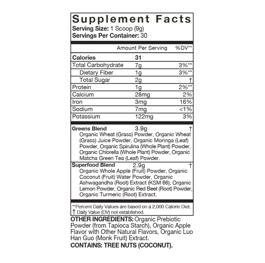 the supplement facts of Organifi Green Juice Crisp Apple