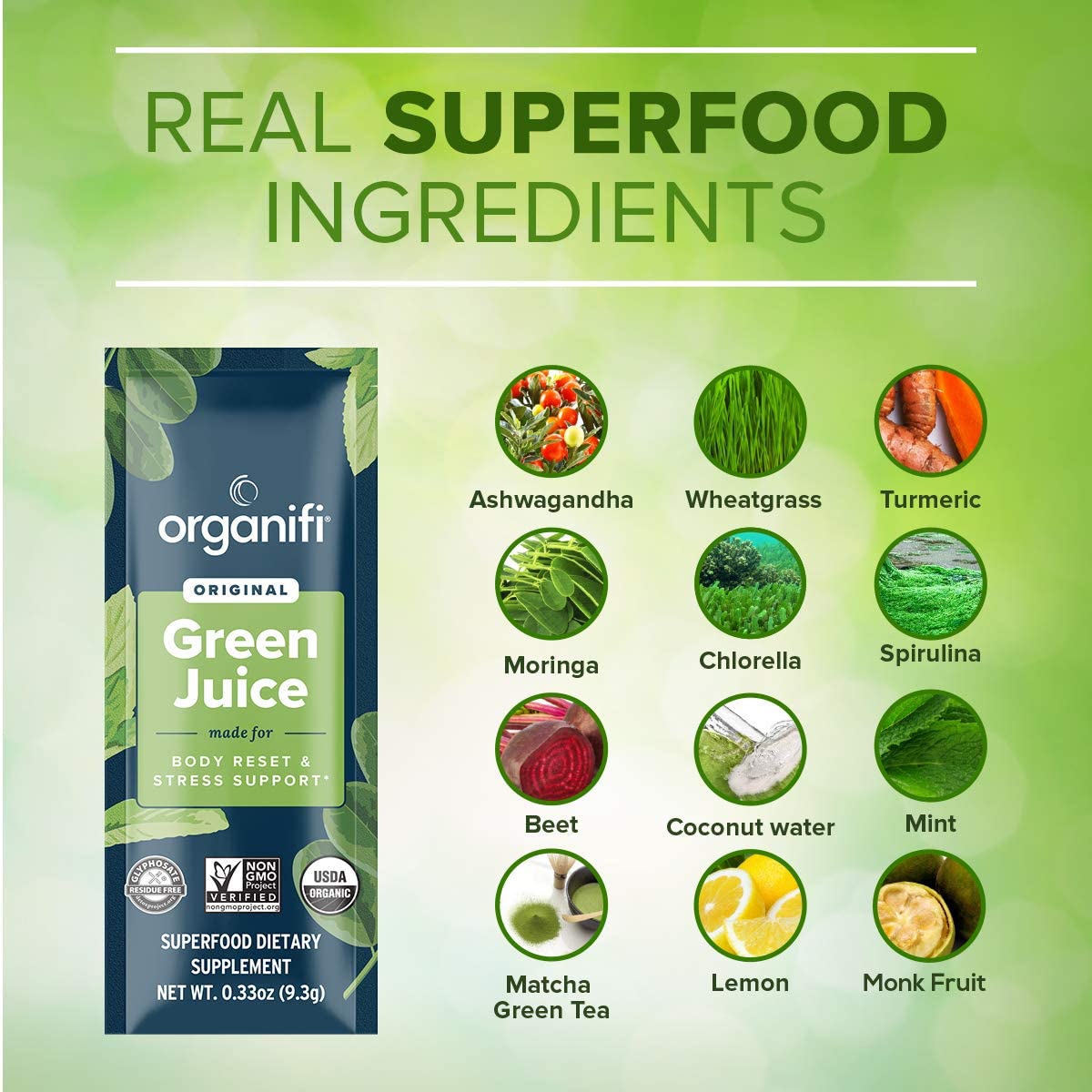 a list of natural superfood ingredients that go into Organifi Green Juice