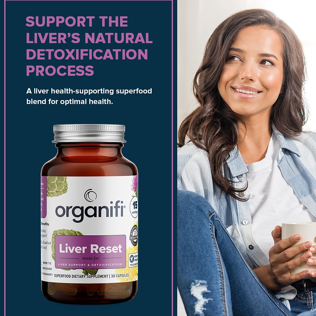 a woman smiling with an etiquette to Organifi Liver Reset
