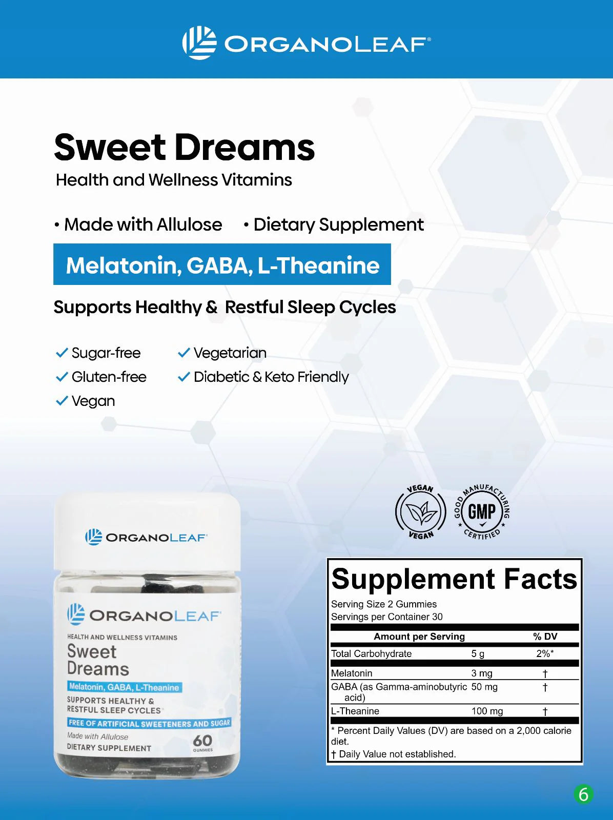 Organoleaf Sweet Dreams: Melatonin, GABA & L-Theanine Sugar-Free Gummies