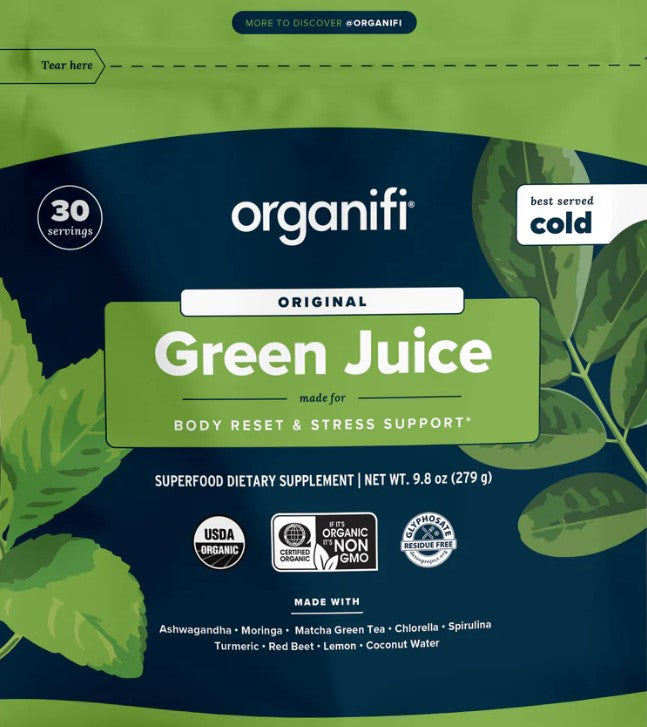 the front side of the Organifi Green Juice pouch