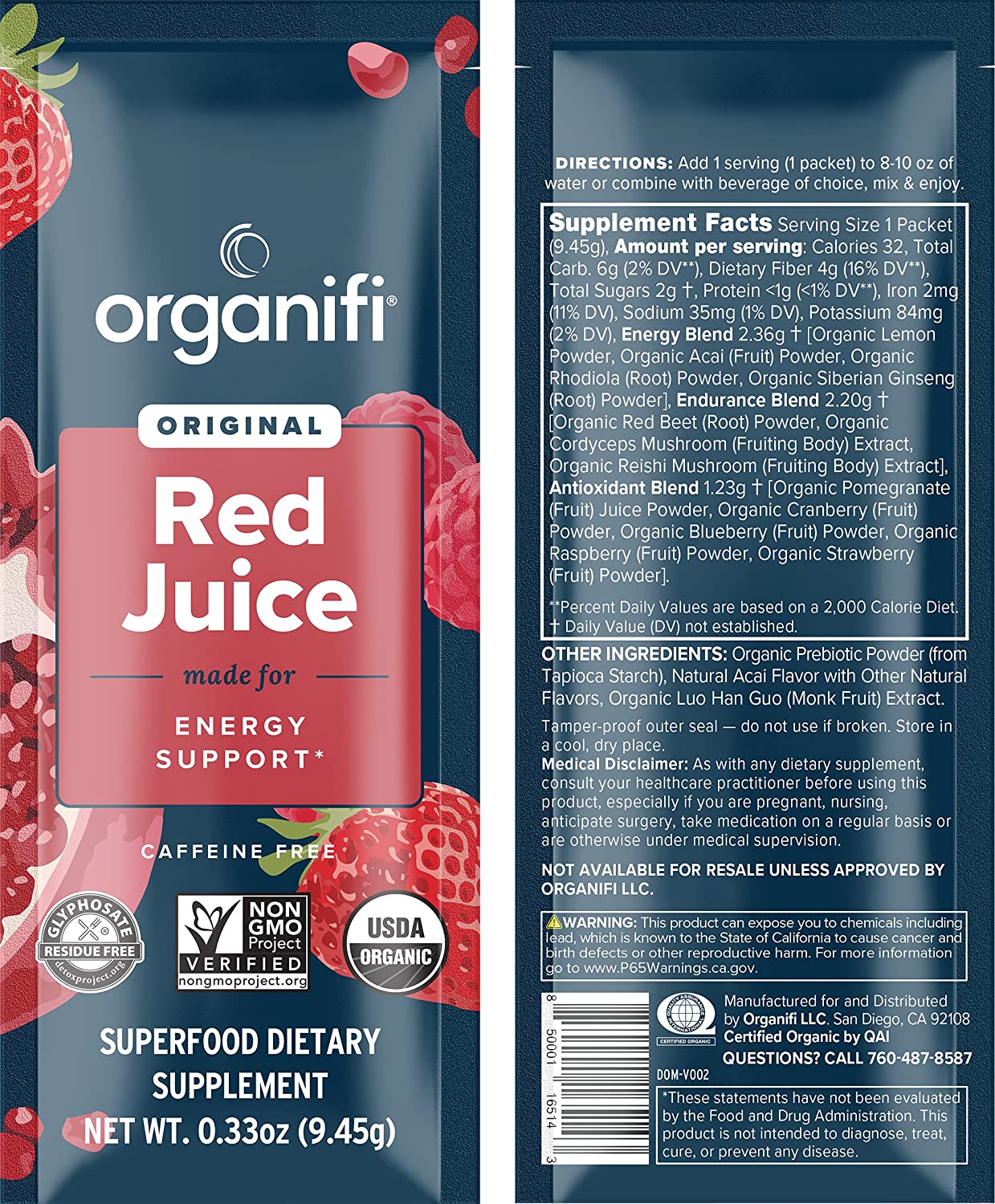 the front and back side of an Organifi Red Juice packet