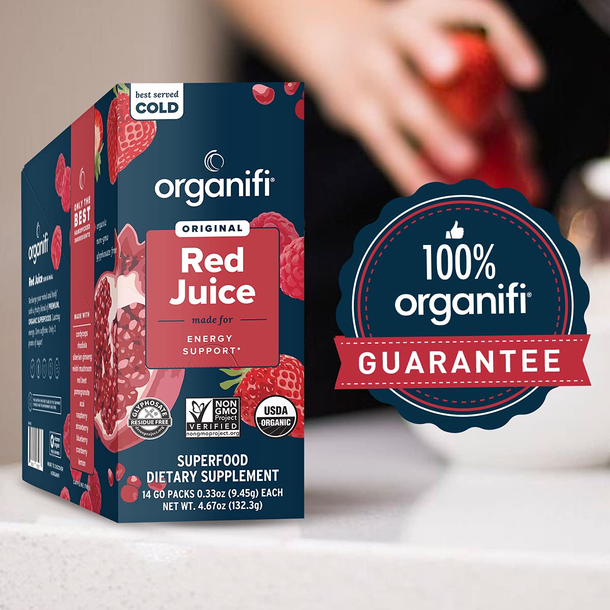 a box of Organifi Red Juice with a 100% Organifi Guarantee logo