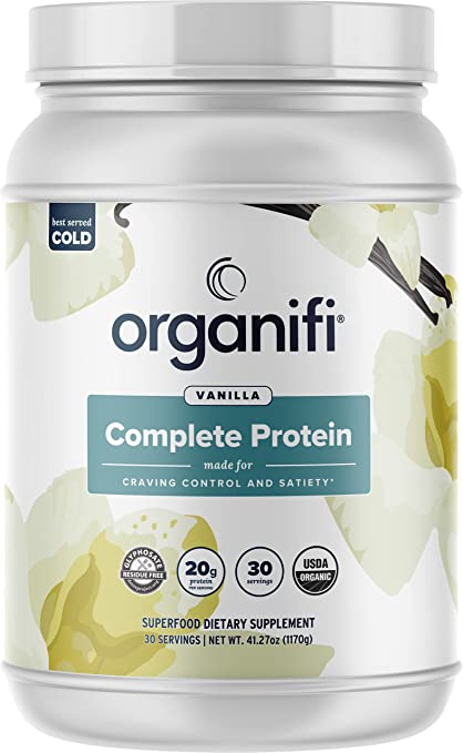 The front side of the Organifi Complete Protein Vanilla canister