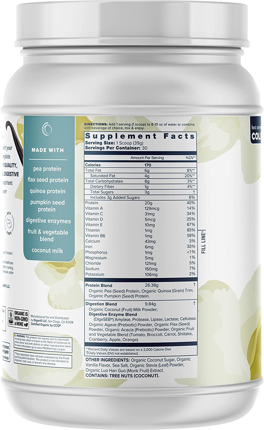 The supplement facts of the Organifi Complete Protein Vanilla canister