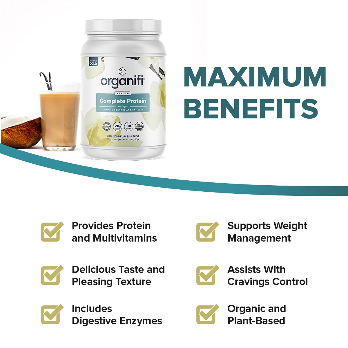 a list of benefits of Organifi Complete Protein Vanilla