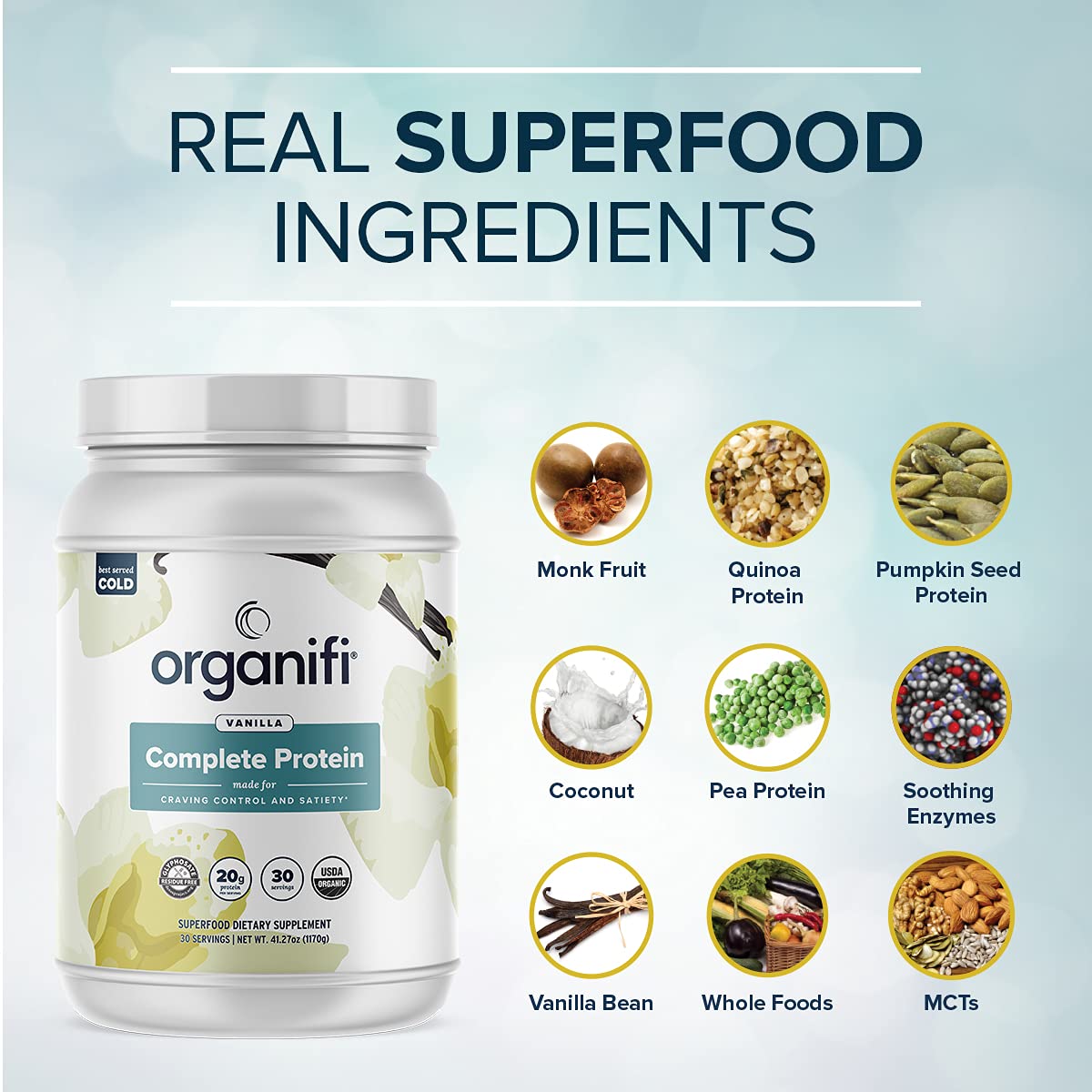 a list of ingredients that goes into Organifi Complete Protein Vanilla