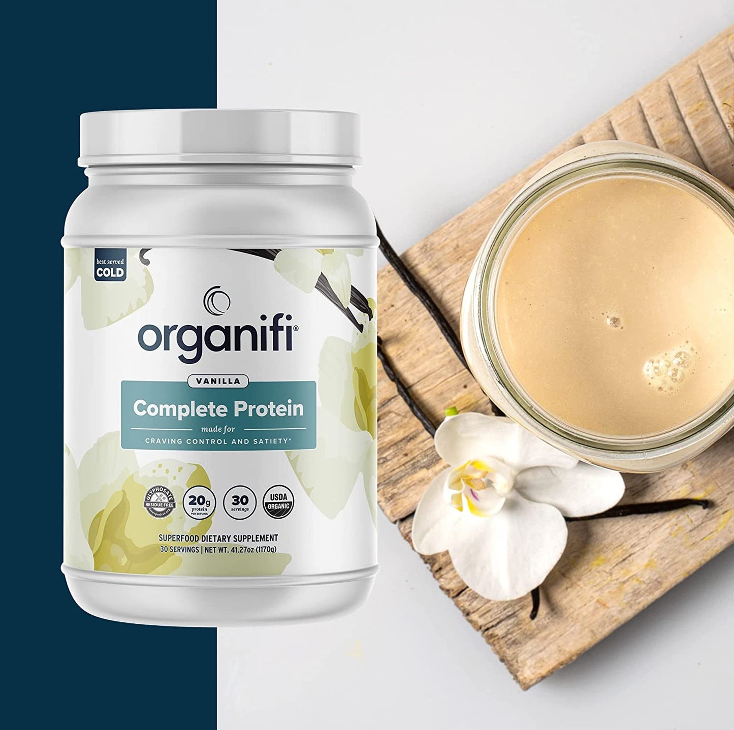 a canister of Organifi Complete Protein Vanilla with a jar of vanilla milk next to it